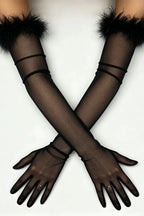 Feather Trim Sheer Long Gloves