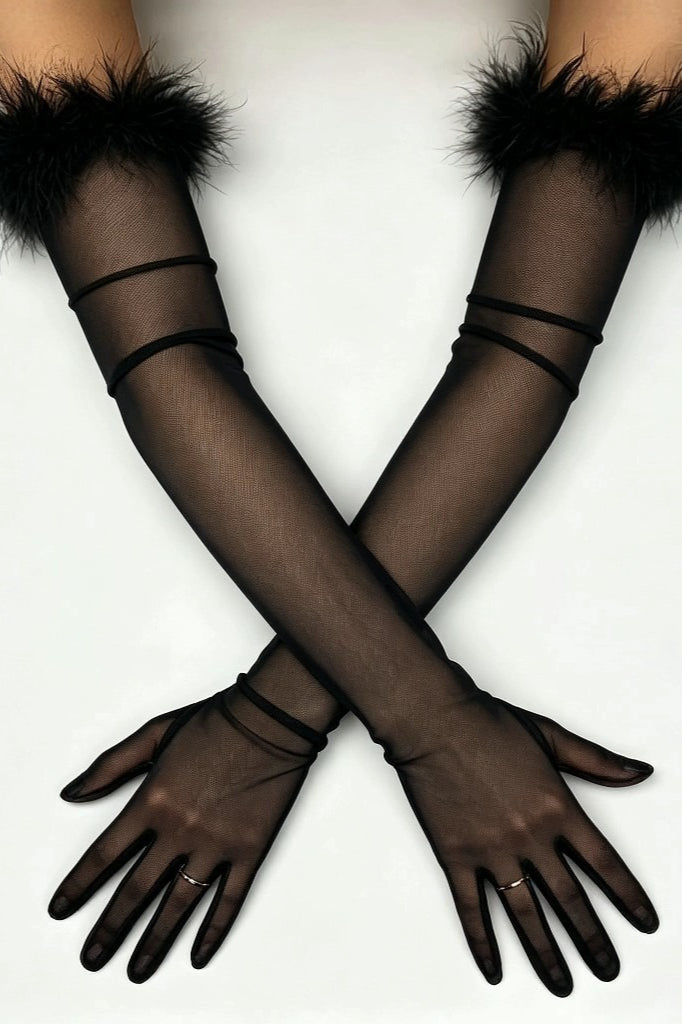 Feather Trim Sheer Long Gloves
