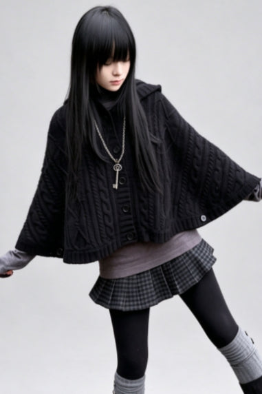 Cable Knit Hooded Cape Sweaters