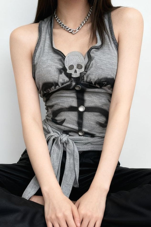 Y2K Punk Skull Rhinestone Halter Top