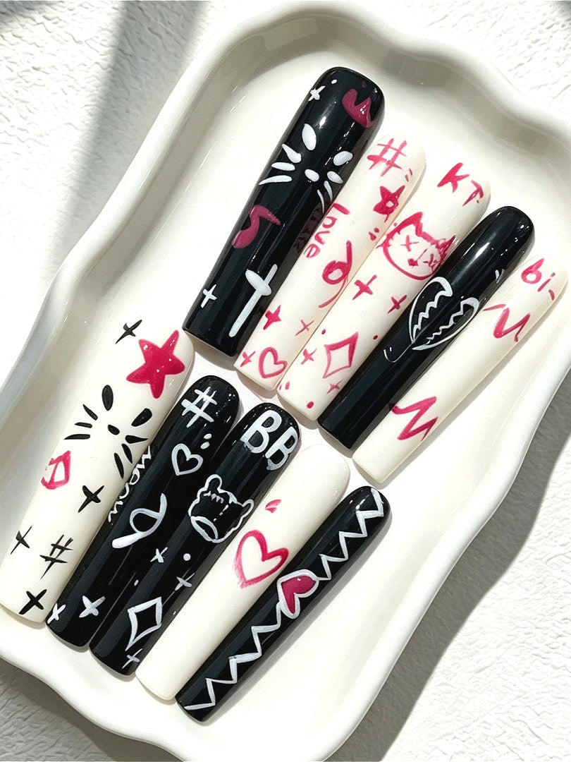 Retro Graffiti Extra Long Pipe Press On Nails
