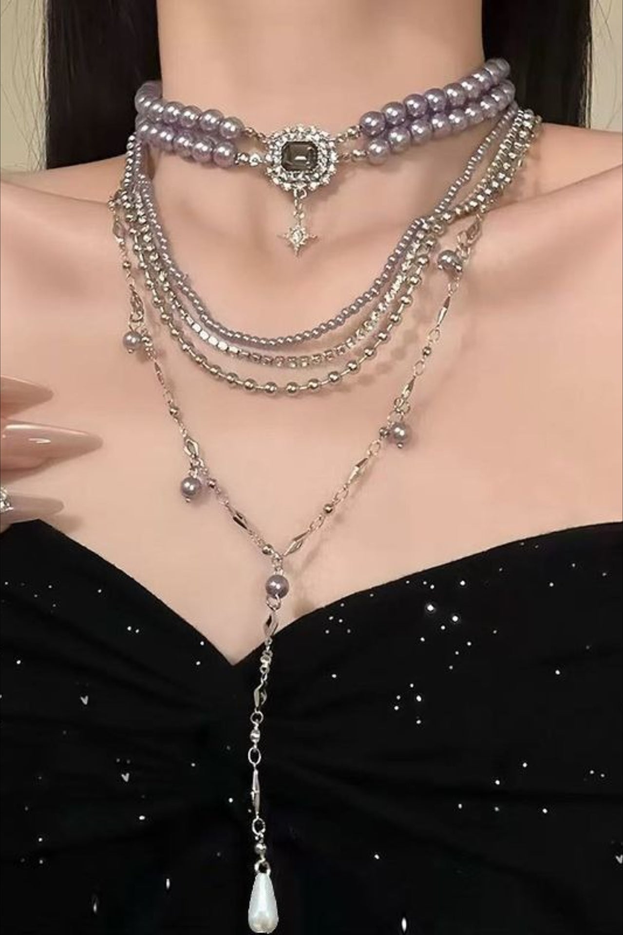 Gothic Vintage Hanging Pearl Mixed Gem Layering Necklace