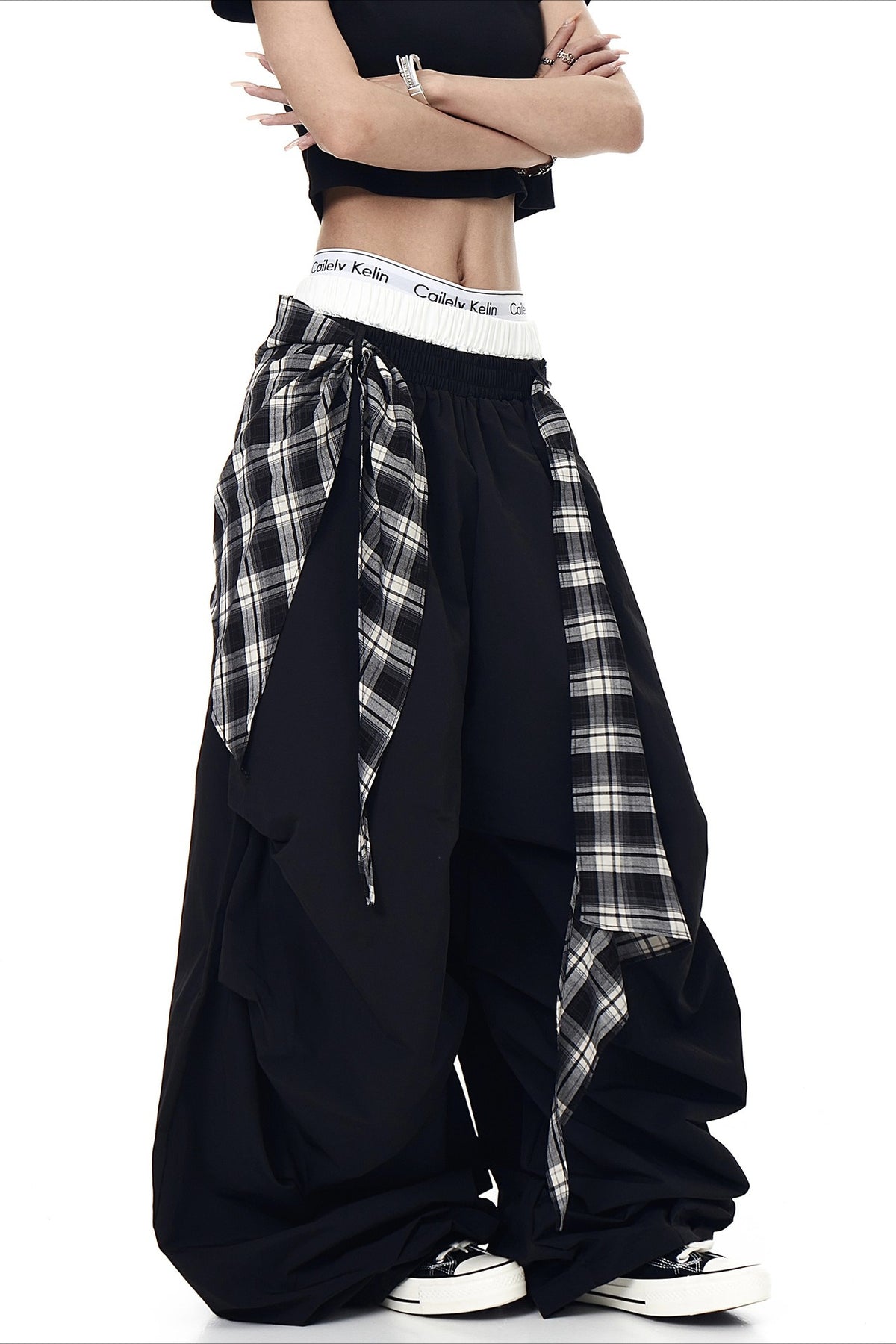 Plaid Accent Layered Wide Pants
