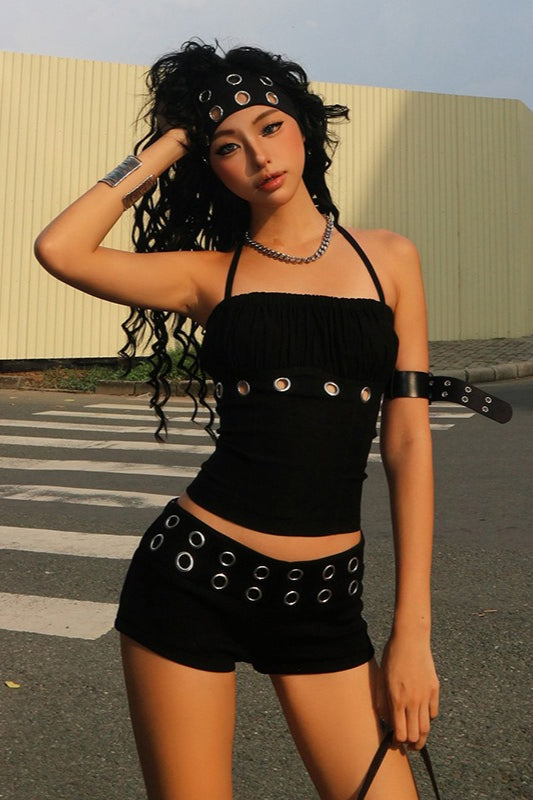 Black Halter Top And High Waist Shorts Set