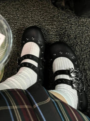 Gothic Punk Style Double Buckle Skull Rivet Flat Ballet Flat