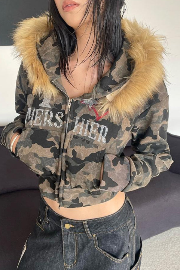 Camouflage Fluffy Trim Cropped Hoodies