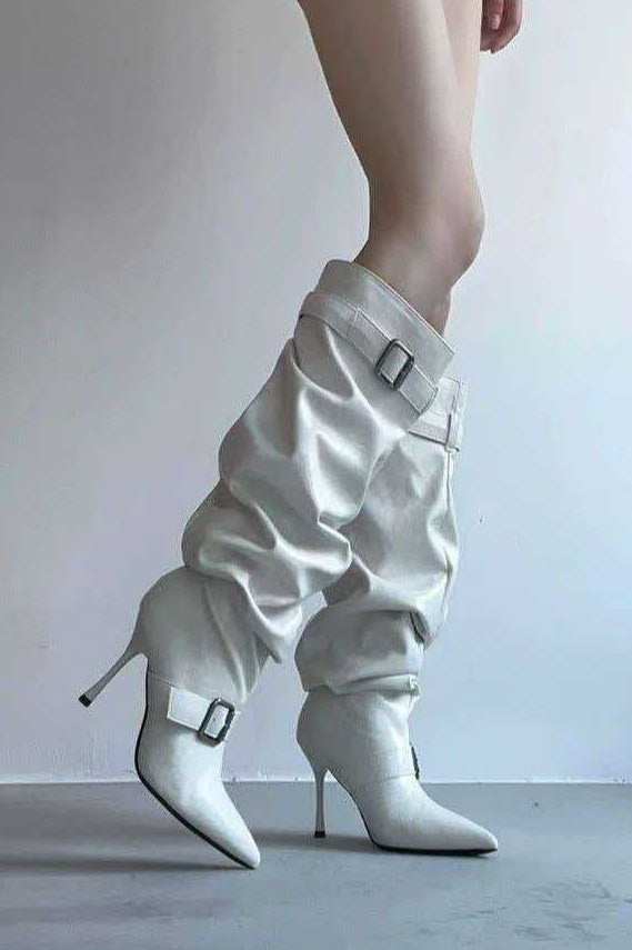 Slouch Shaft Buckle Pointed Boots