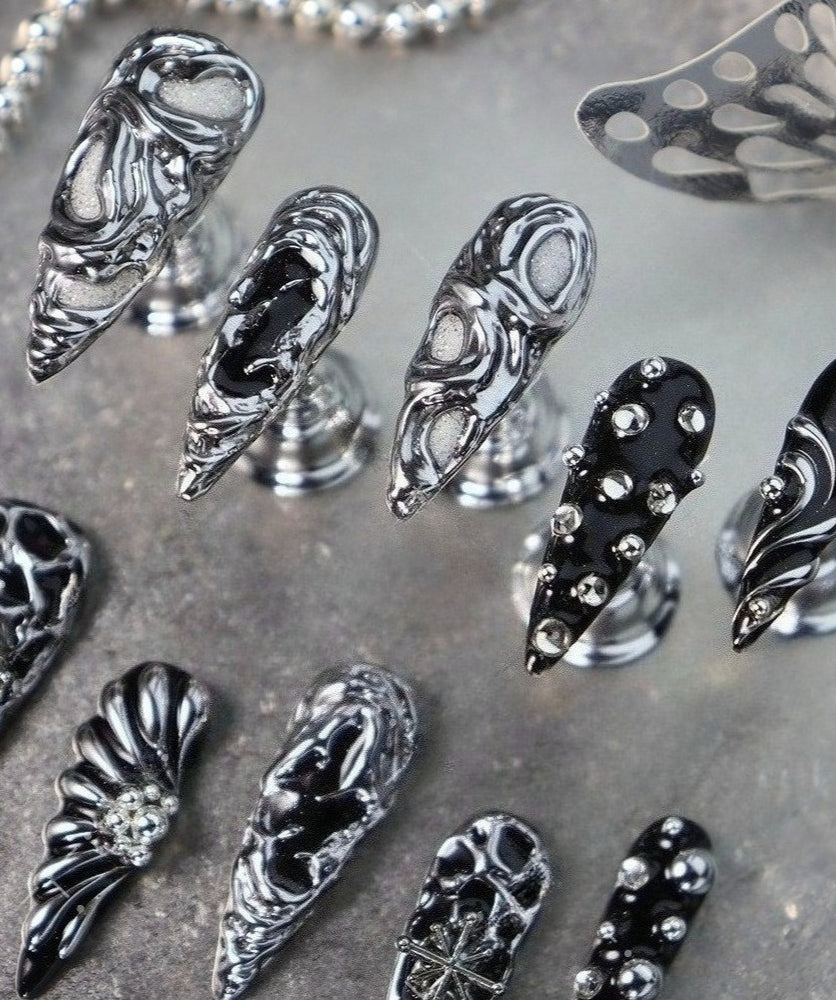 Dark Liquid Silver Punk Press On Nails Secondary image