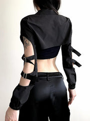 Dark Techwear Zip Up Long Sleeve Crop Top