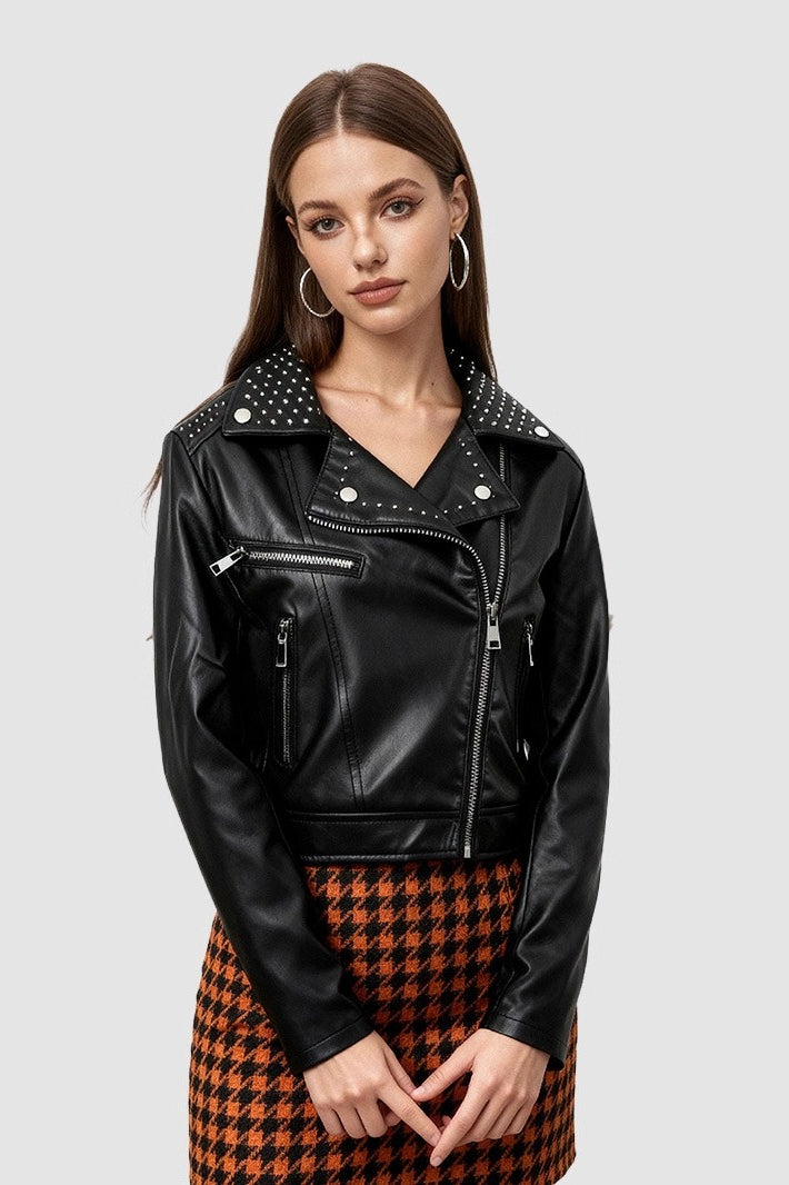 Rivet Trim Cropped Moto Leather Jacket