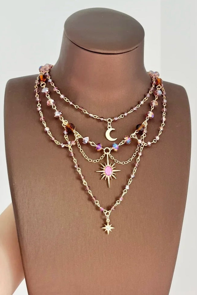 Retro Layered Inlaid Gemstone Metallic Necklace
