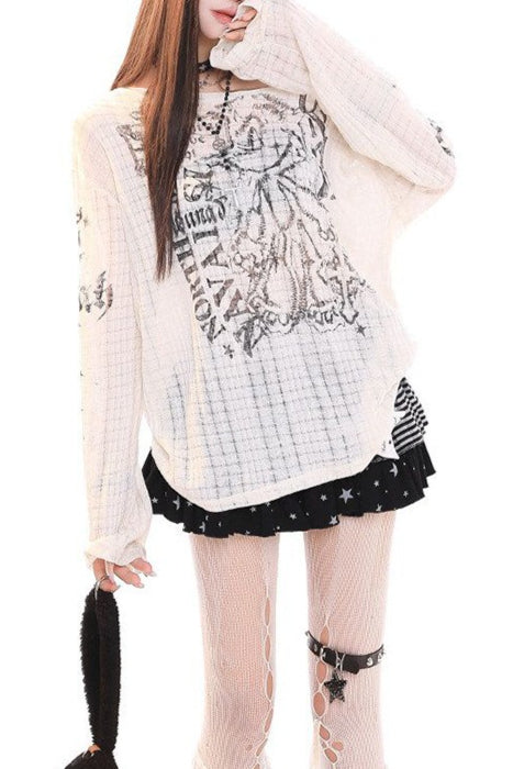 Open Grid Graphic Oversized Sweatshirt