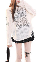 Open Grid Graphic Oversized Sweatshirt