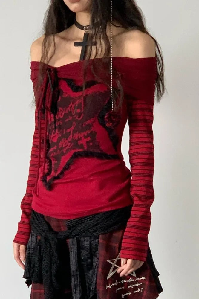 Vintage Goth Striped Off Shoulder Knit Top Main image