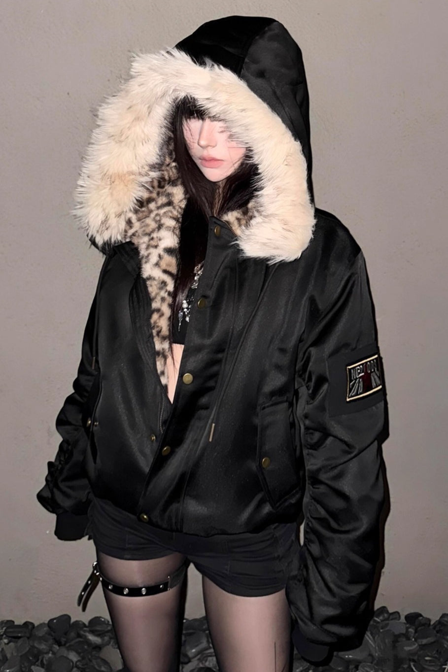 Leopard Lining Fluffy Trim Hoodies