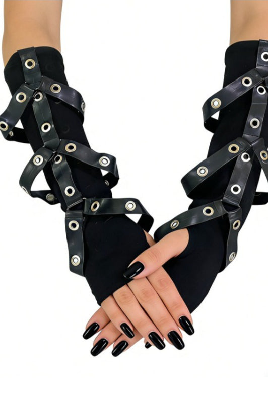 Crossed Eyelet Strap Fingerless Gloves Secondary image