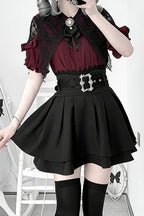 Lace Collar Puff Sleeve Skirt Sets