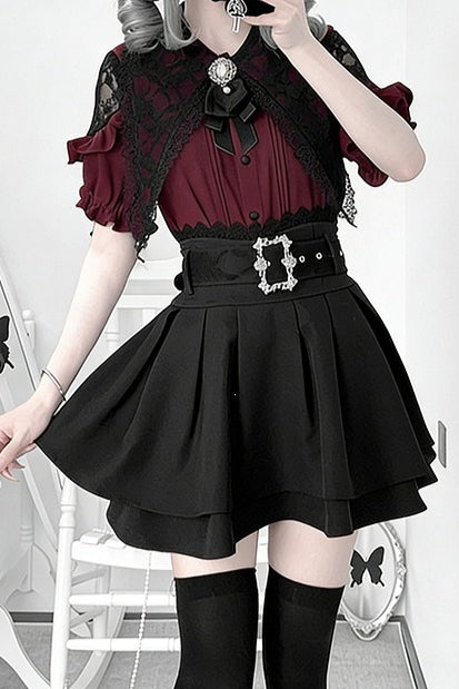 Lace Collar Puff Sleeve Skirt Sets