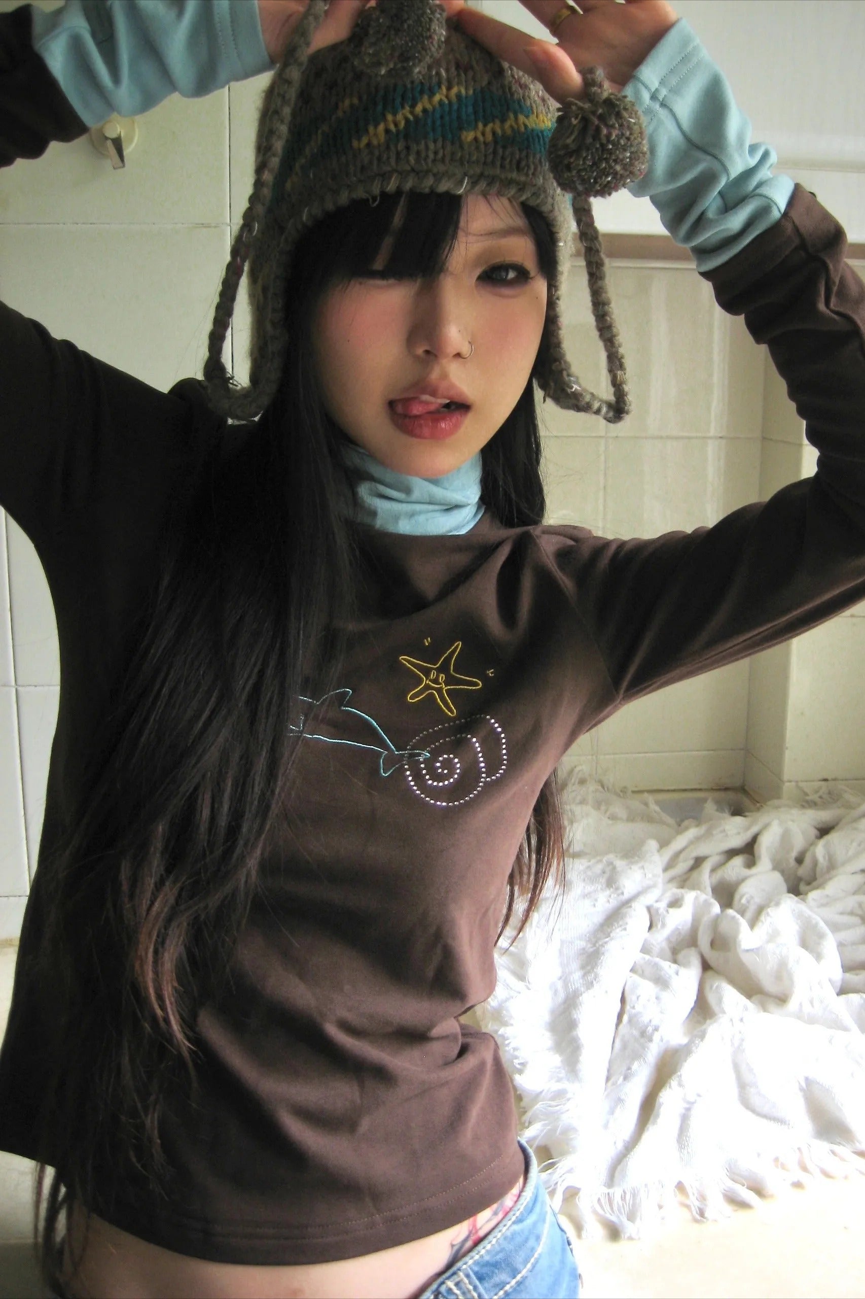 Y2k Grunge Patchwork Diamond Print Turtleneck Knit Top Main image