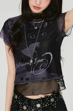 Moon Graphic Layered Mesh T-Shirt