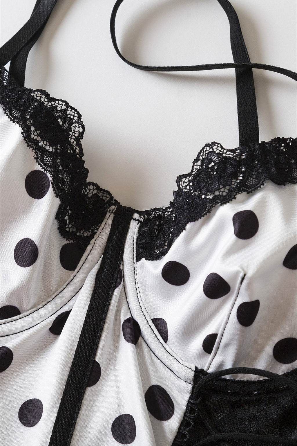 Black White Polka Dot Lace Splice Strap Corset