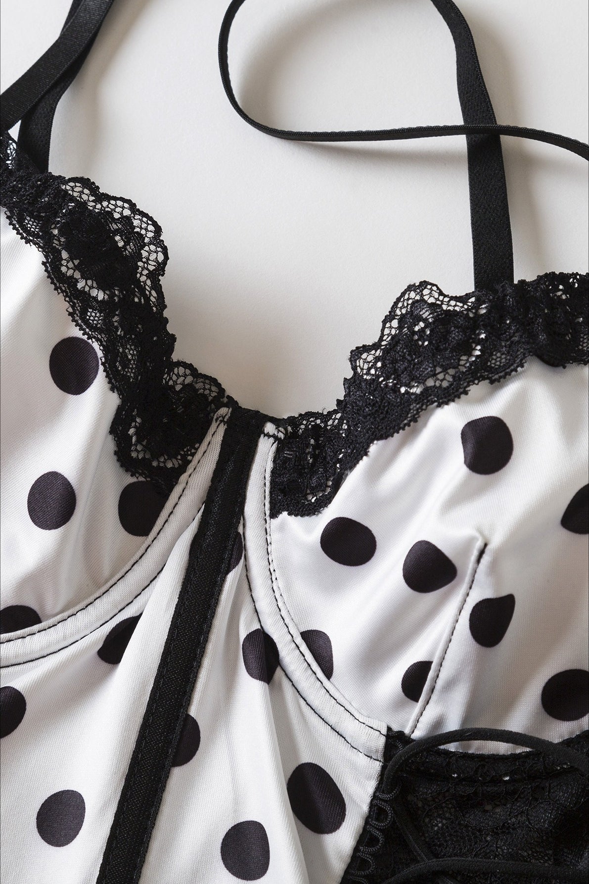 Black White Polka Dot Lace Splice Strap Corset