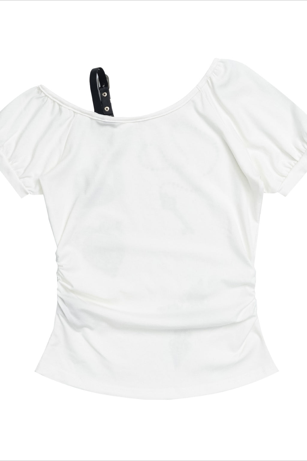Leather Buckle Ruched Cropped Off Shoulder T-shirt