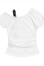 Leather Buckle Ruched Cropped Off Shoulder T-shirt