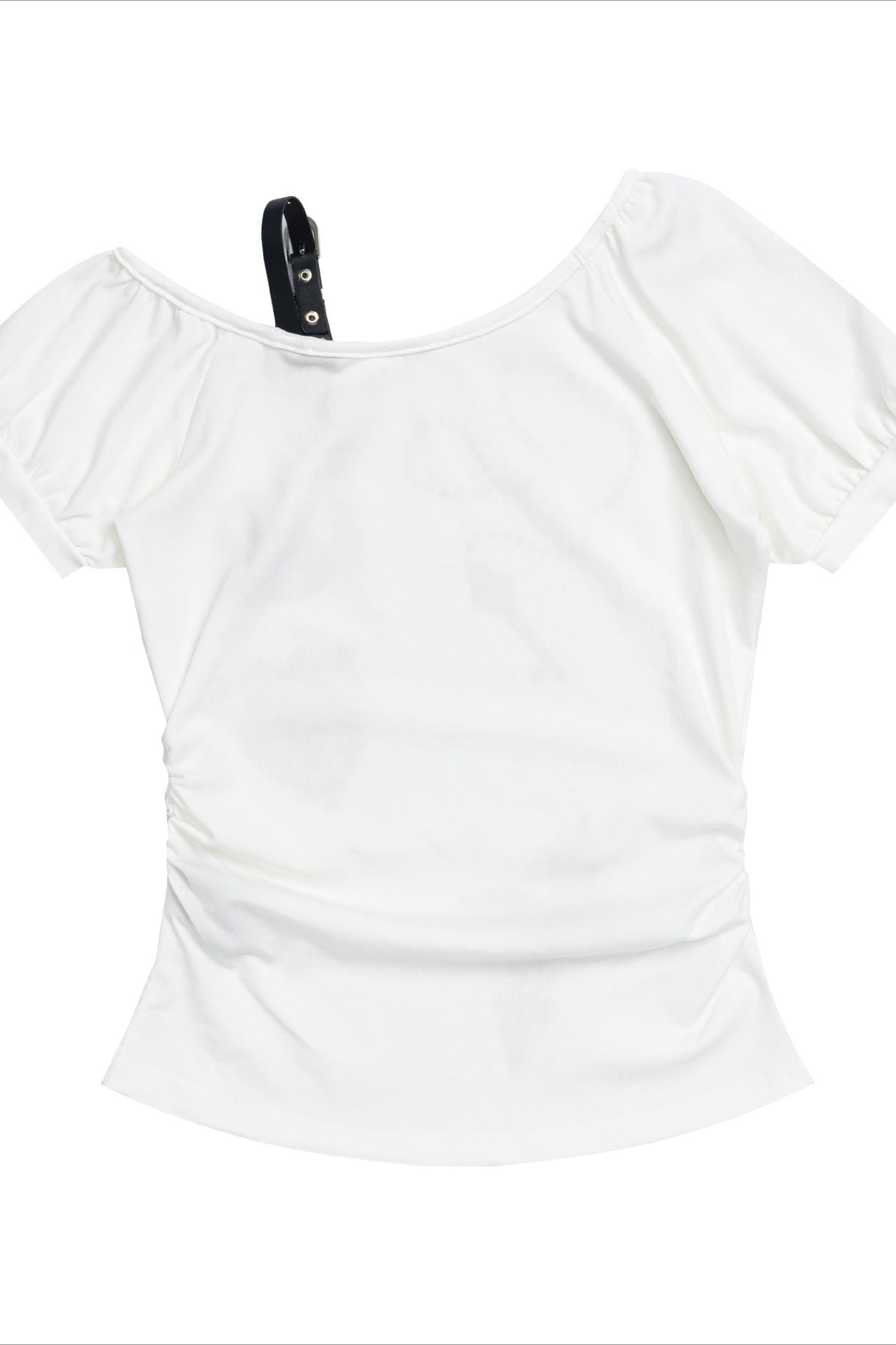 Leather Buckle Ruched Cropped Off Shoulder T-shirt