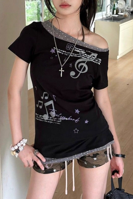 Music Note Graphic Wide Neck T-Shirt