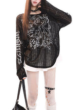 Open Grid Graphic Oversized Sweatshirt