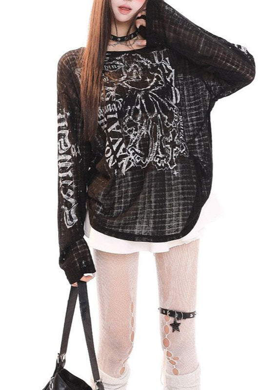 Open Grid Graphic Oversized Sweatshirt