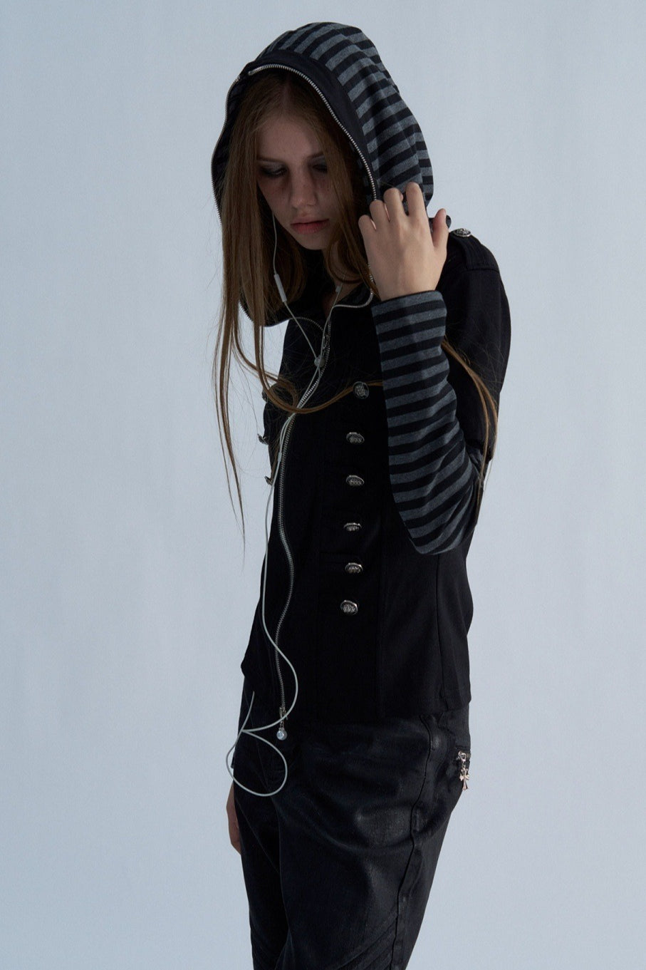 Button Front Layered Stripe Hoodies