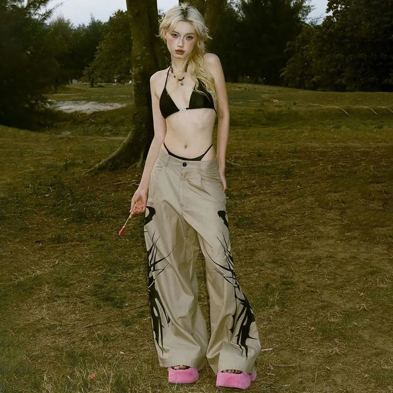 Khaki Print Street Style Pants
