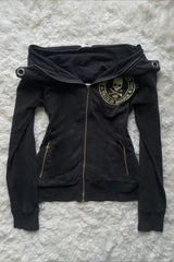 Y2K Retro Skull Print Zipper Slim Coat