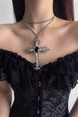 Vintage Dangle Cross Layered Gemstone Necklace