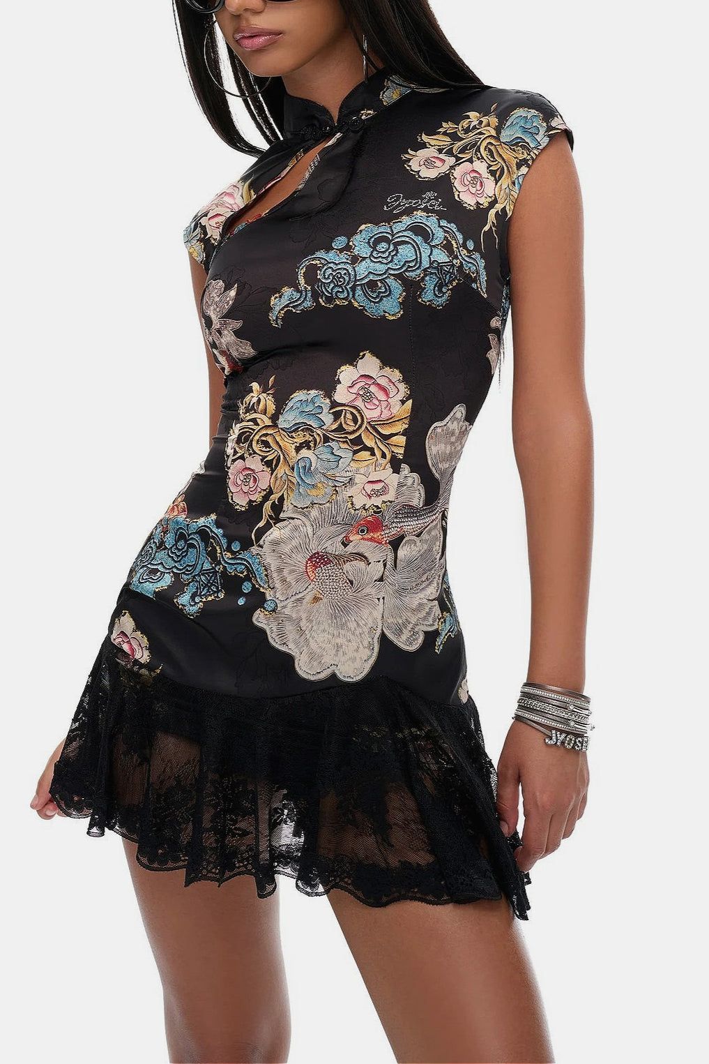 Oriental Dark Floral Lace Mini Dress