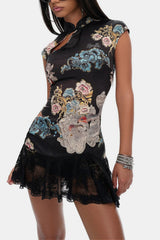 Oriental Dark Floral Lace Mini Dress