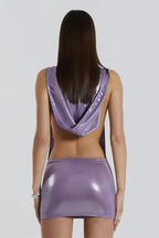 Faux Leather Shiny Hooded Backless Mini Dress