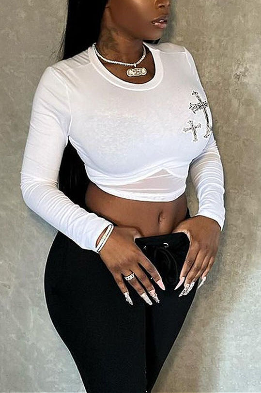 Cross Graphic Sheer Mesh Crop Top