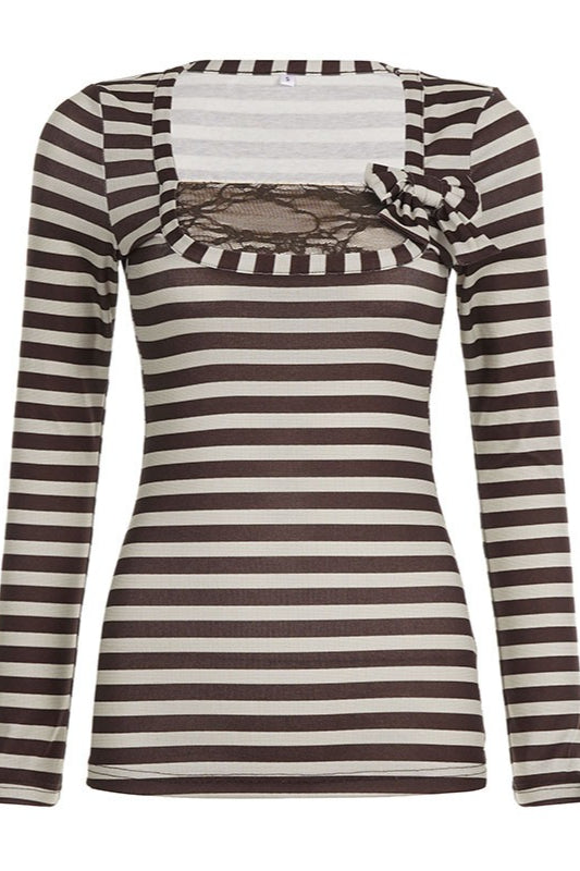 Striped Bow Lace Trim Top