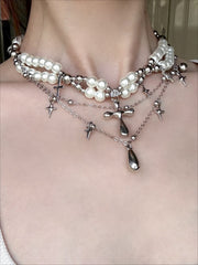 Gothic Vintage Hanging Pearl Mixed Gem Layering Necklace