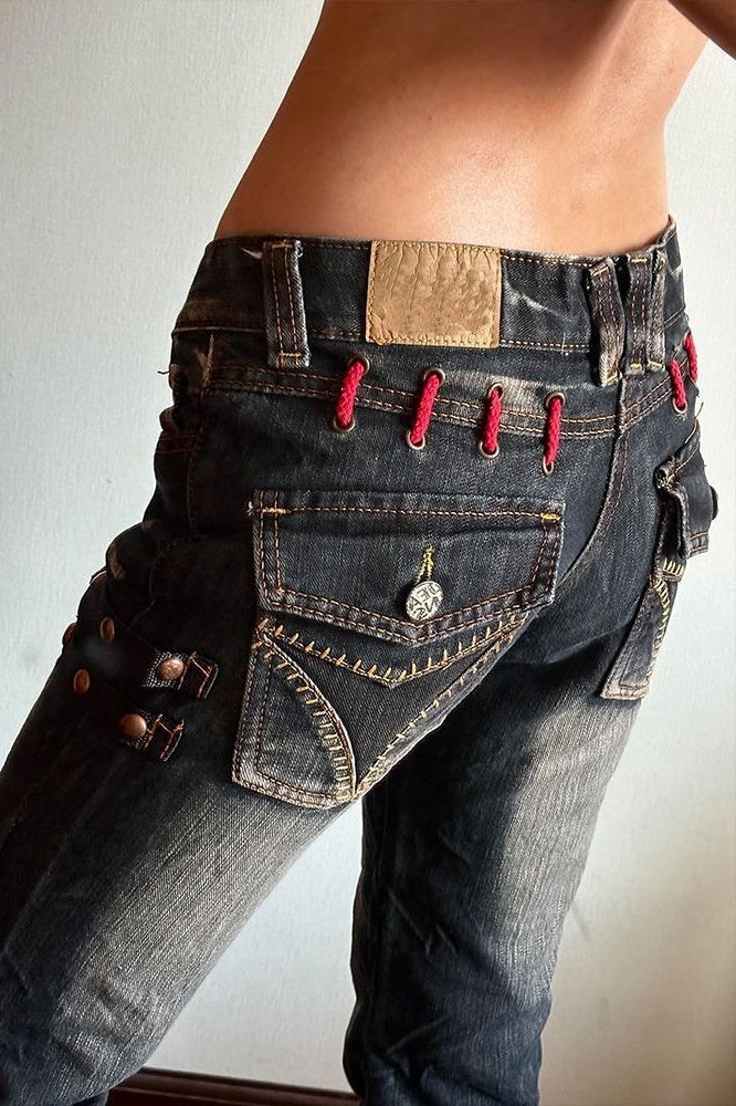 Retro Deconstructed Low-Rise Straight Floor-Length Denim Pants Main image