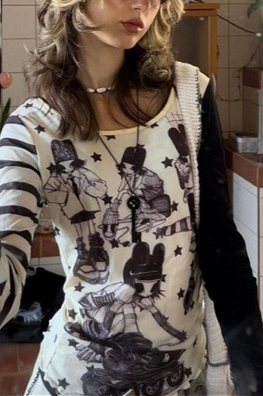 Y2K Star Stripe Asym Patchwork Slim Long Sleeve T-shirt Main image