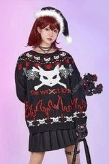 Gothic Christmas Cat Head Pattern Crew Neck Women's Knit Sweater