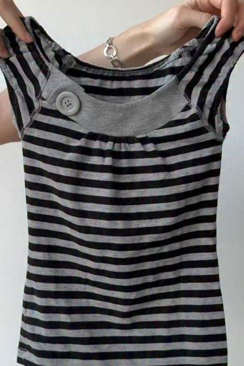 Black White Striped One Shoulder Button Ruched Slim T-shirt Secondary image
