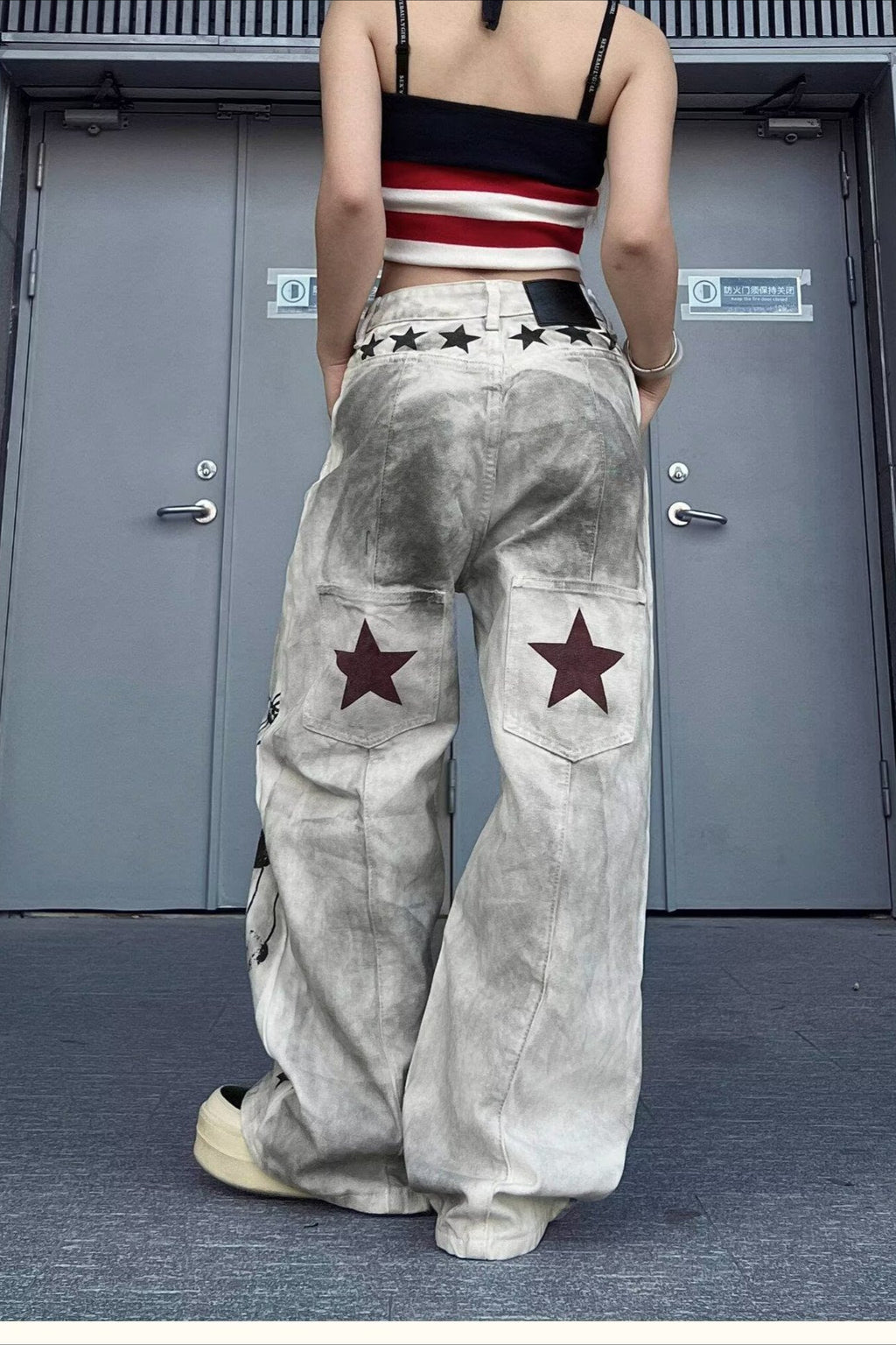 Music Note Print Wide-Leg Jeans