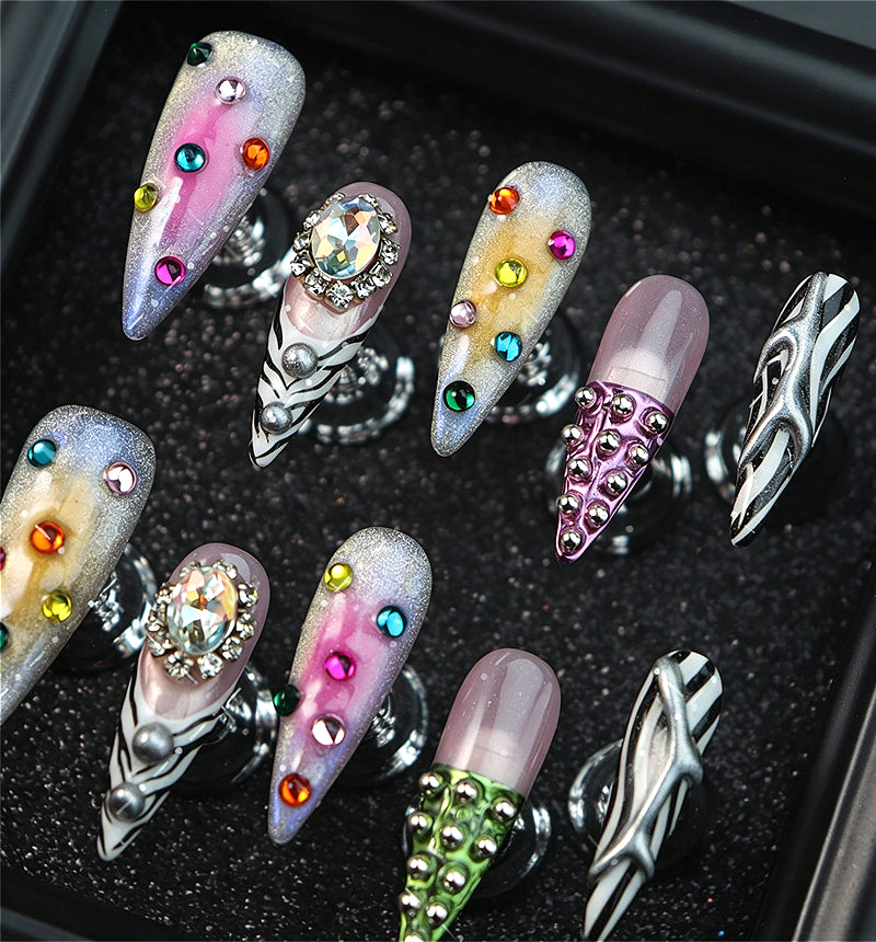 Y2K Zebra Print Colorful Rhinestone Press On Nails Secondary image