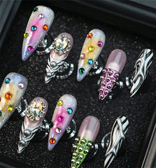 Y2K Zebra Print Colorful Rhinestone Press On Nails