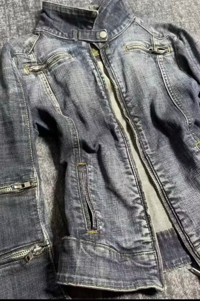 Washed Zip Detail Fitted Denim Jacket
